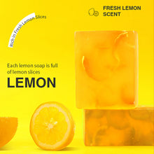 AILKE Lemon & Olive Oil Spot Remover Soap yellow bar with lemon slices on yellow background.