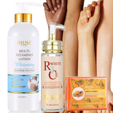 AILKE Multi Vitamin Whitening Body Lotion application method showing how to massage into skin for absorption.