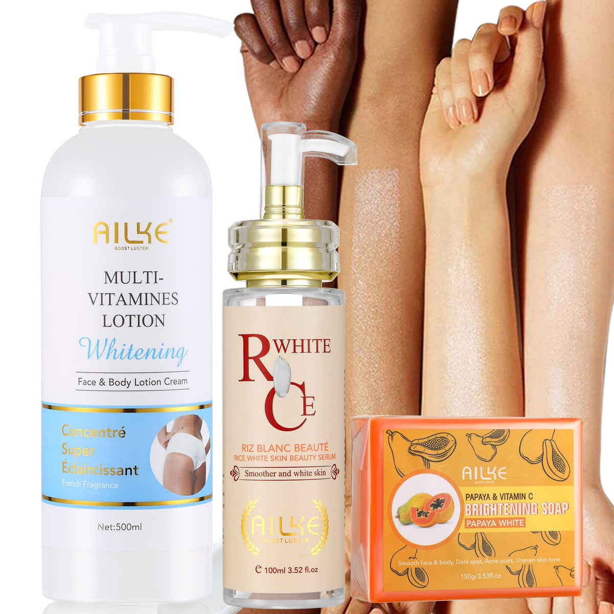 AILKE Multi Vitamin Whitening Body Lotion application method showing how to massage into skin for absorption.
