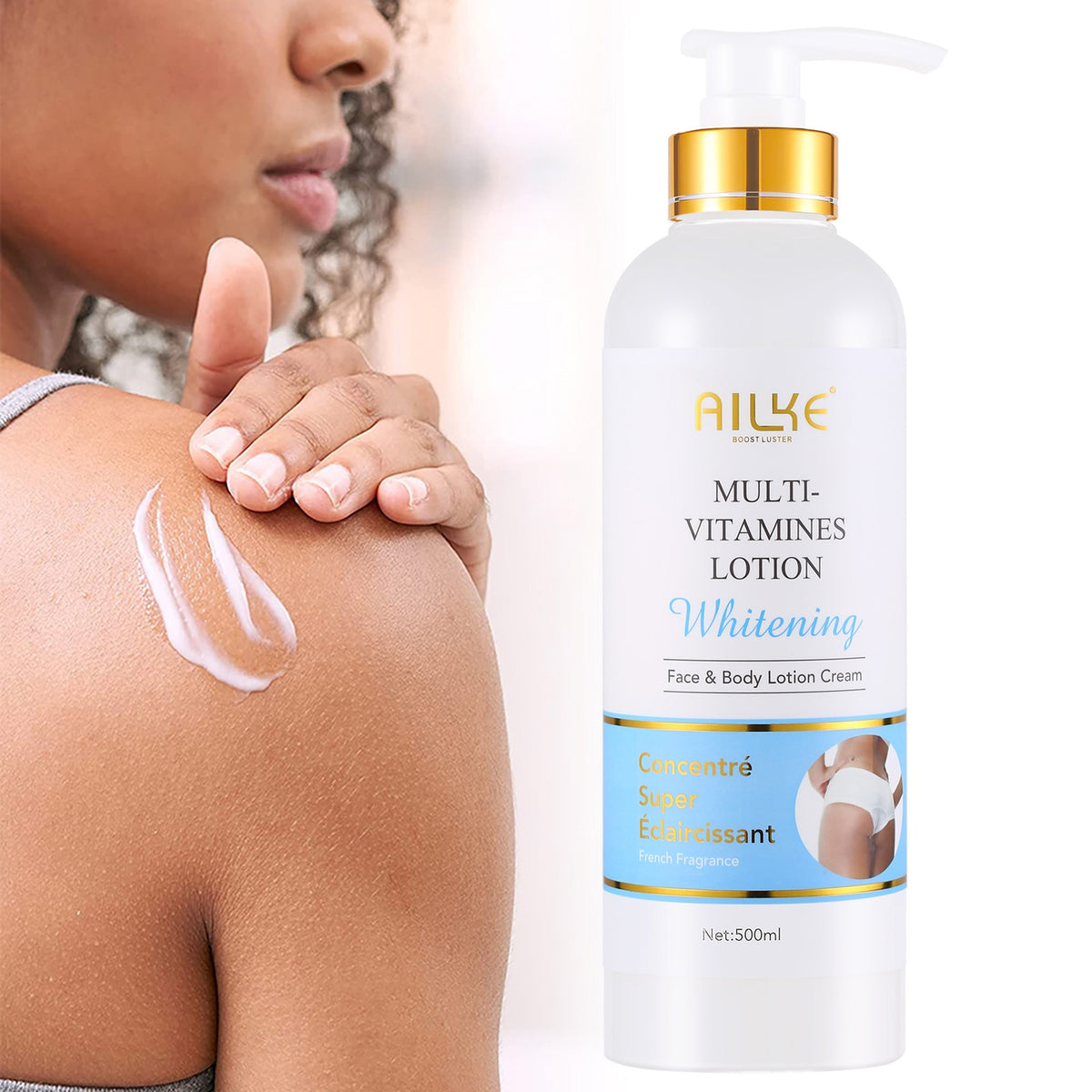 AILKE Multi Vitamin Whitening Body Lotion woman with glowing radiant skin showing brightening results.