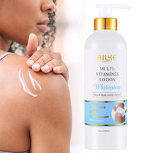AILKE Multi Vitamin Whitening Body Lotion woman with glowing radiant skin showing brightening results.