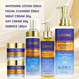 AILKE Natural Whitening Cream for Body and Underarms full skincare set with lotion, cleanser, cream, and serum on beige background.