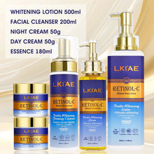 AILKE Natural Whitening Cream for Body and Underarms full skincare set with lotion, cleanser, cream, and serum on beige background.