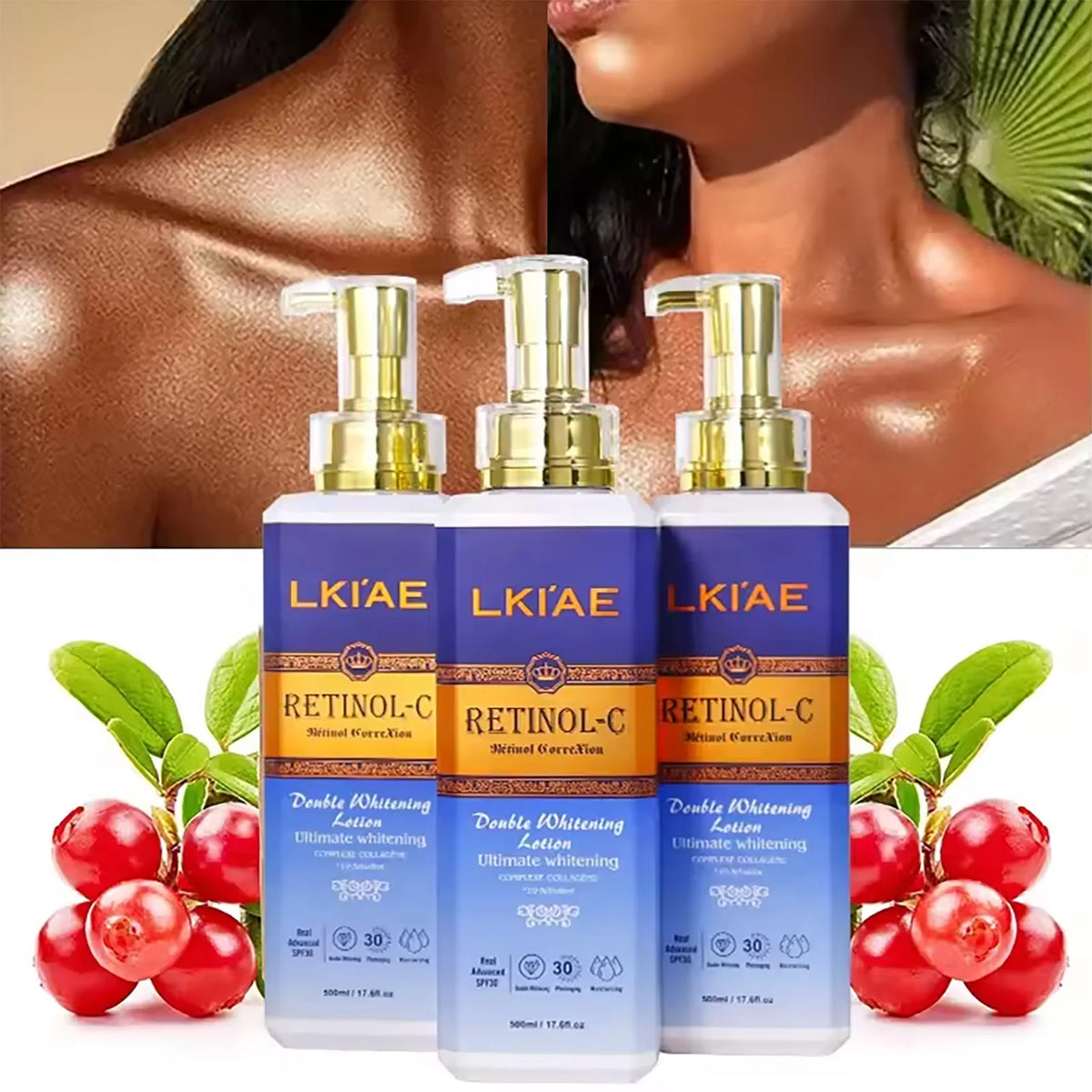 AILKE Natural Whitening Cream for Body and Underarms three lotion bottles with natural berries on background.