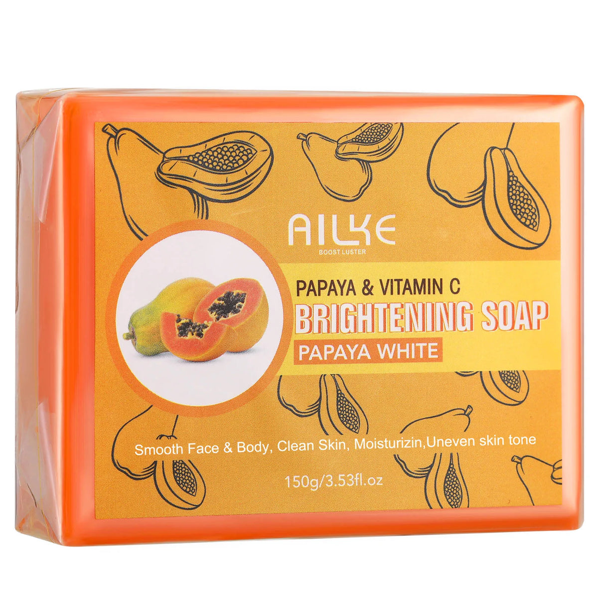 AILKE Organic Papaya Whitening Soap 150g packaging for all skin types brightening and cleansing.