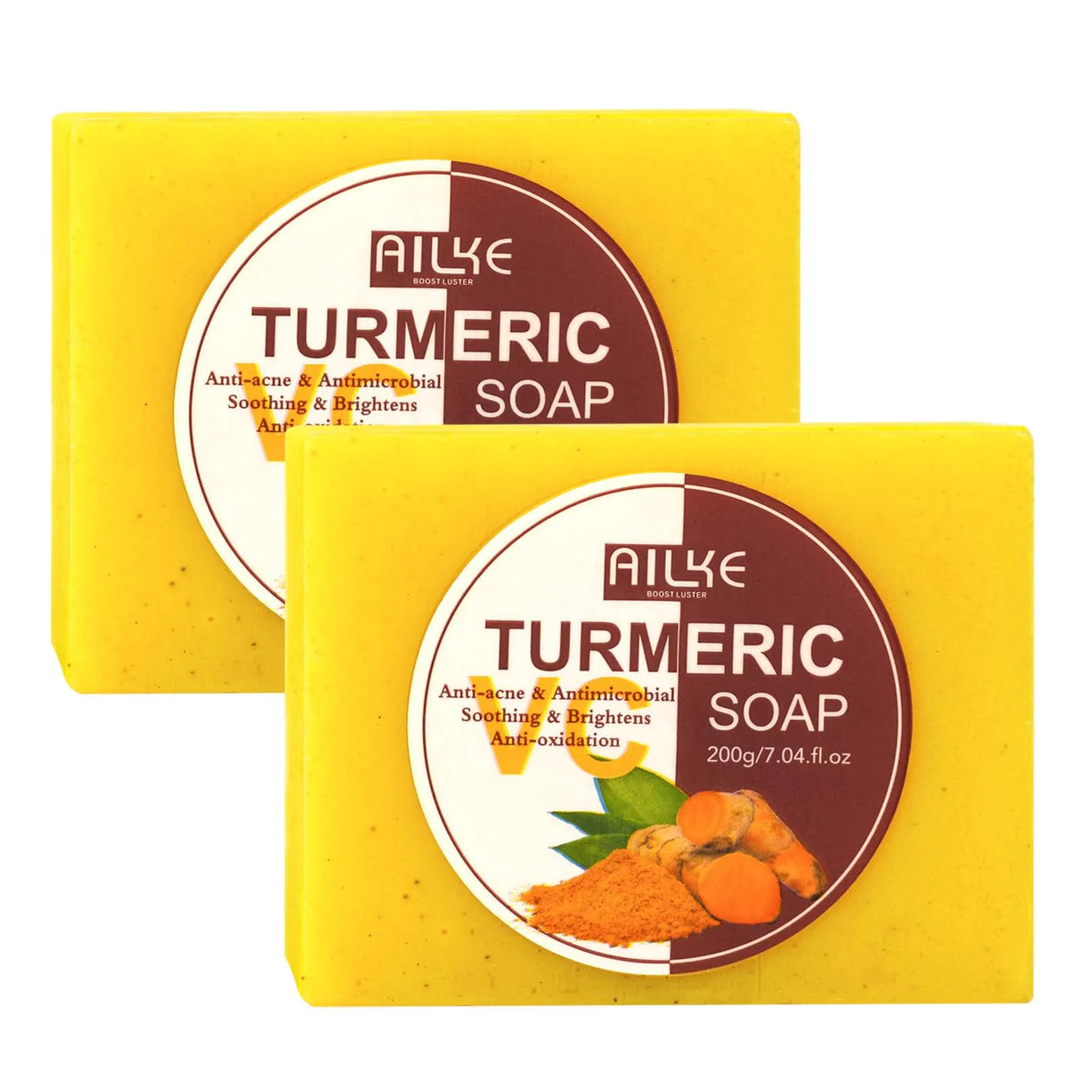 AILKE Natural Turmeric Soap 200g bar product display for acne control and brightening.