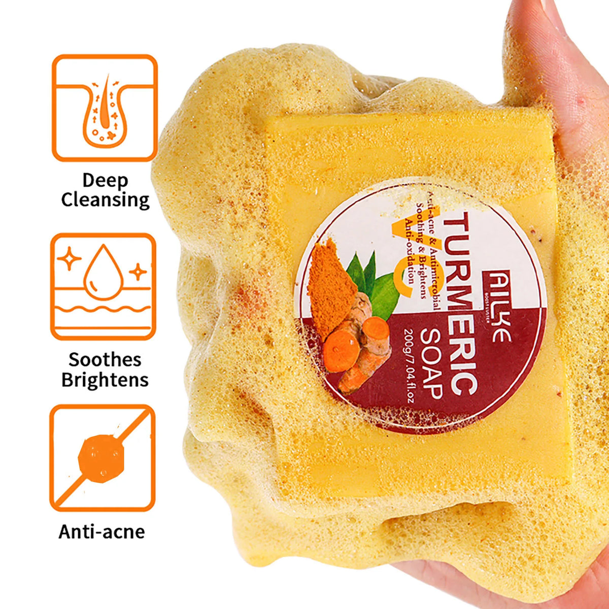 AILKE Natural Turmeric Soap packaging with oil control and brightening benefits displayed.