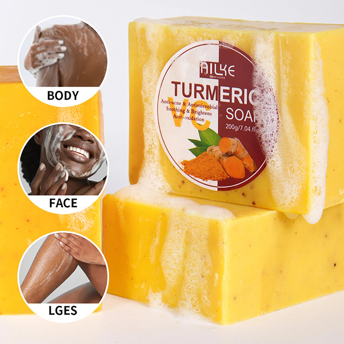 AILKE Natural Turmeric Soap woman applying to face for daily oil control and brightening.