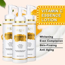 AILKE Vitamin C Brightening and Anti-Aging Skin Care Set three vitamin C essence lotion bottles with benefits display.