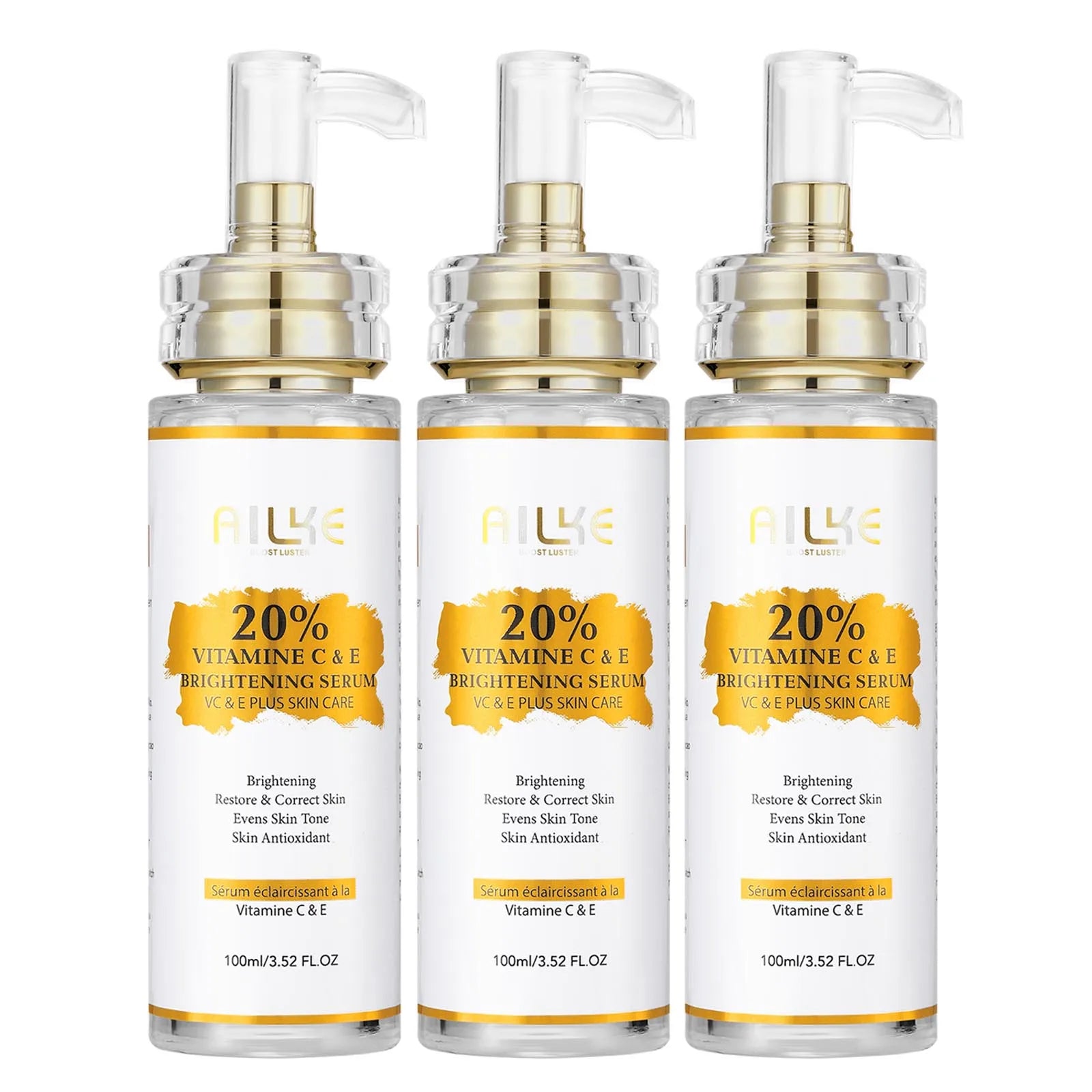 AILKE Vitamin C Brightening and Anti-Aging Skin Care Set three vitamin C and E brightening serum bottles on white background.