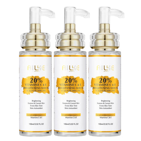 AILKE Vitamin C Brightening and Anti-Aging Skin Care Set three vitamin C and E brightening serum bottles on white background.