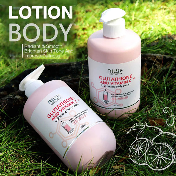 Two bottles of AILKE Vitamin C & Glutathione Brightening Lotion 500ml on grass with ingredient benefits.