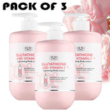 Pack of three AILKE Vitamin C & Glutathione Brightening Lotion 500ml with floral background.