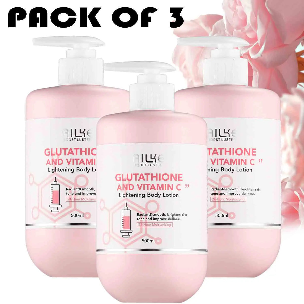 Pack of three AILKE Vitamin C & Glutathione Brightening Lotion 500ml with floral background.