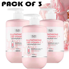 Pack of three AILKE Vitamin C & Glutathione Brightening Lotion 500ml with floral background.