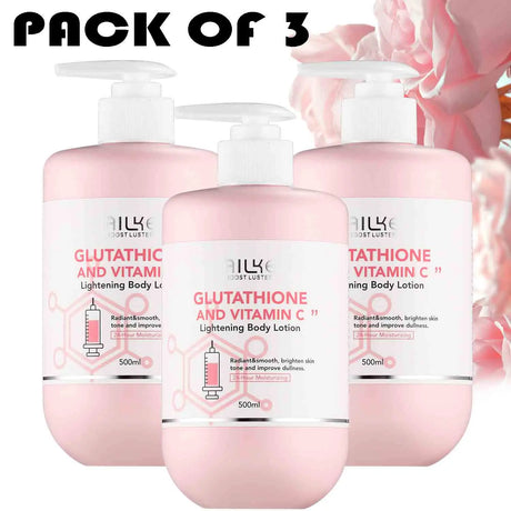 Pack of three AILKE Vitamin C & Glutathione Brightening Lotion 500ml with floral background.