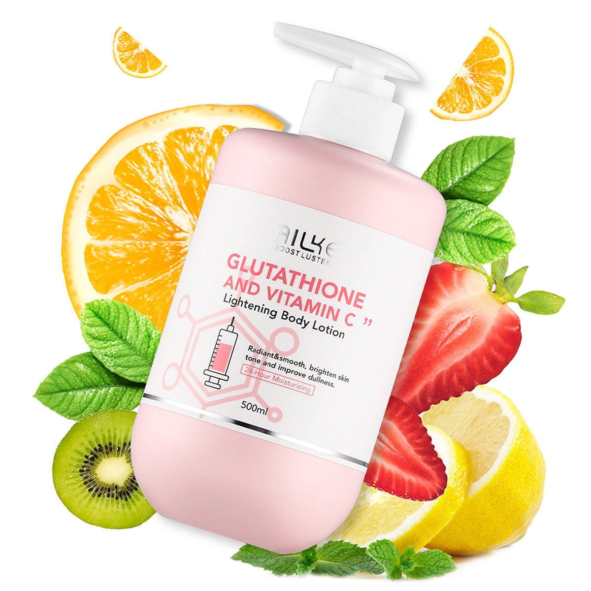 AILKE Vitamin C & Glutathione Brightening Lotion 500ml pink bottle with fruit and leaves on white background.
