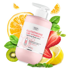 AILKE Vitamin C & Glutathione Brightening Lotion 500ml pink bottle with fruit and leaves on white background.