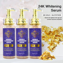 AILKE Whitening and Anti-Aging Face Serum bottles with gold flakes brightening formula on light background.