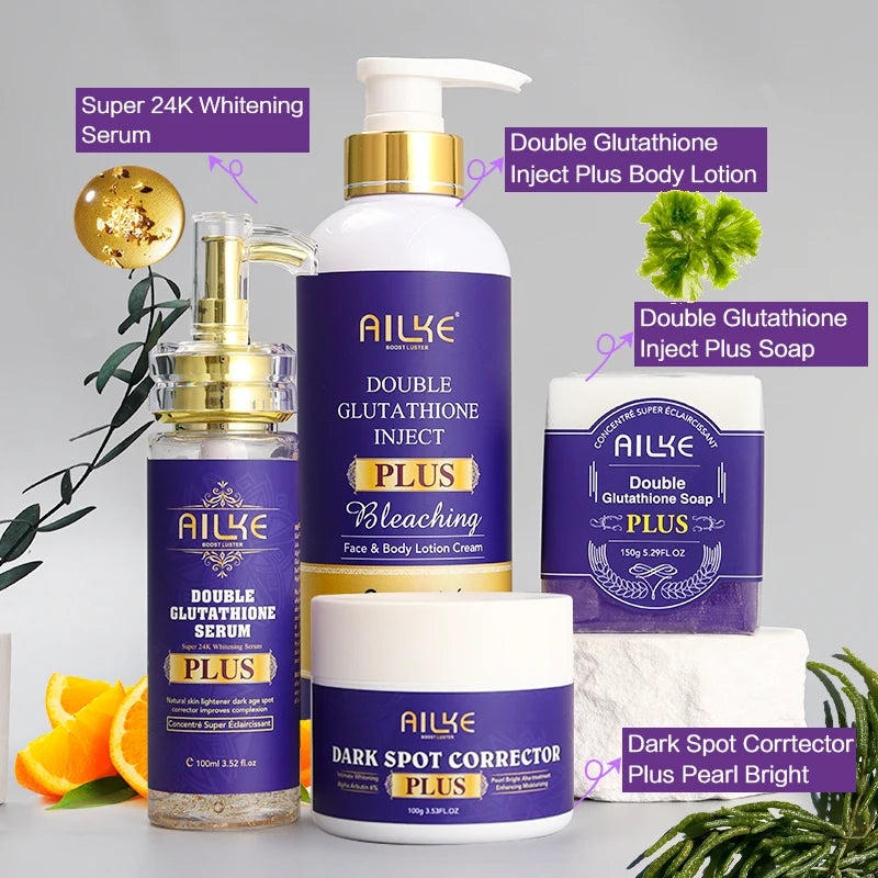 AILKE Whitening and Anti-Aging Face Serum collection with serum, lotion, soap, and cream on gray background.