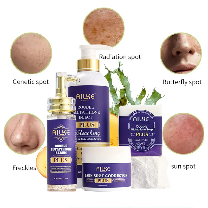 AILKE Whitening and Anti-Aging Face Serum product with skin condition treatment guide on white background.
