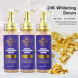 AILKE Whitening and Anti-Aging Face Serum three bottles with gold flakes on light background.