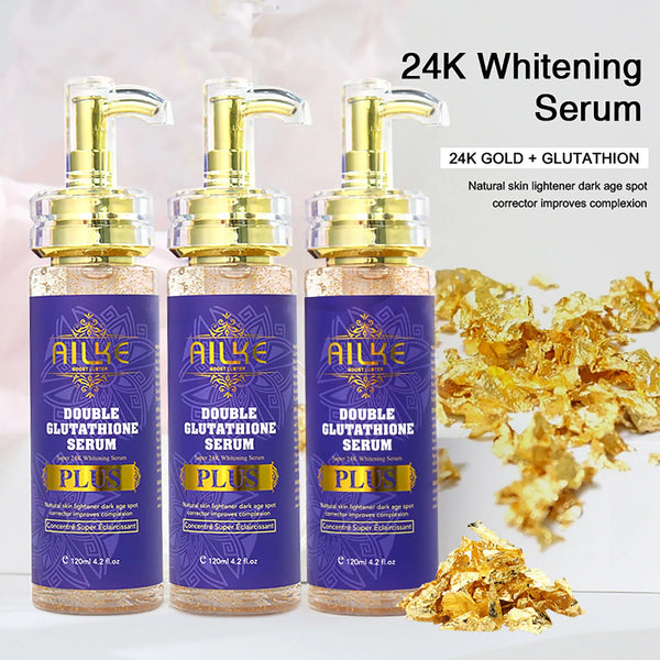 AILKE Whitening and Anti-Aging Face Serum three bottles with gold flakes on light background.