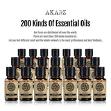 Multiple bottles of AKARZ essential oils with a promotional text about 200 kinds of essential oils.