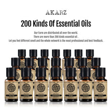 Multiple bottles of AKARZ essential oils with a promotional text about 200 kinds of essential oils.