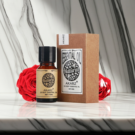 AKARZ Rose Essential Oil bottle for natural aromatherapy, relaxation, and diffuser use.
