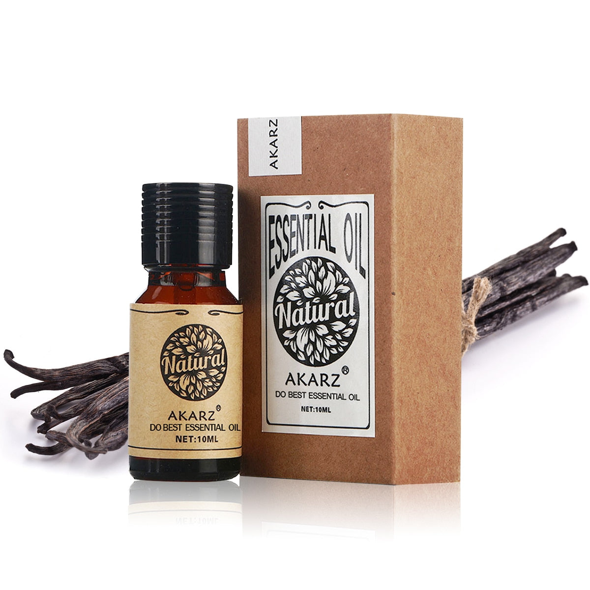 AKARZ vanilla aromatherapy essential oil bottle for relaxing massage blends and diffuser use.