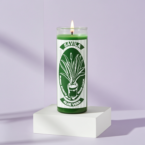 Aloe Vera Savila 1 color green prayer candle in glass for blessing, protection, and ritual use.