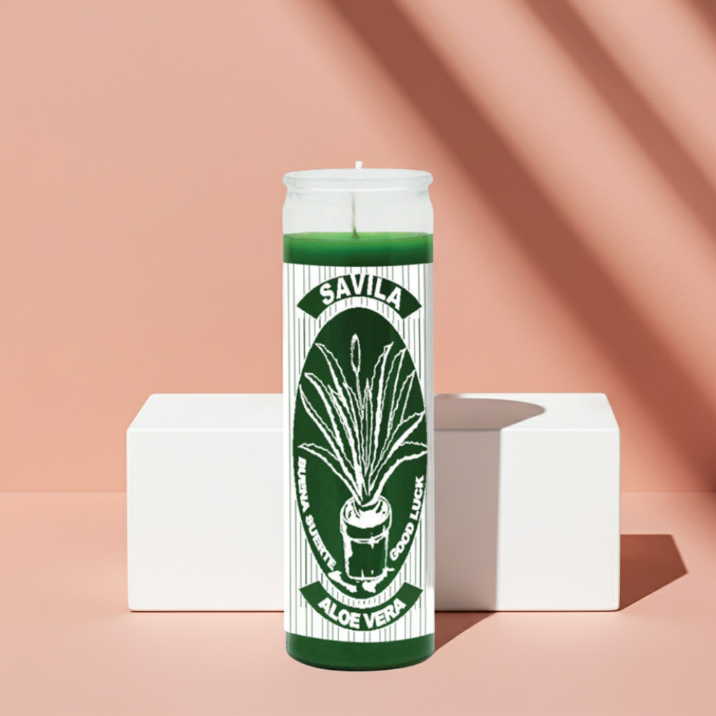 Aloe Vera Savila green 7 day candle in glass jar for spiritual cleansing, healing, and devotional use.