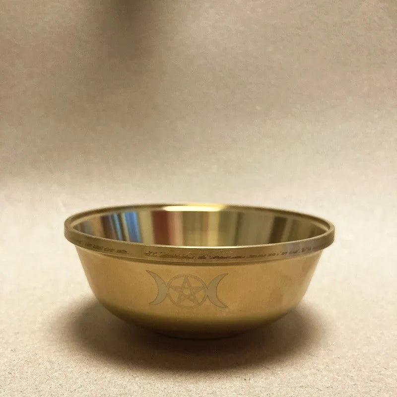 Brass altar bowl with pentagram symbol for altar setup, ceremonial offerings, and pagan ritual use.
