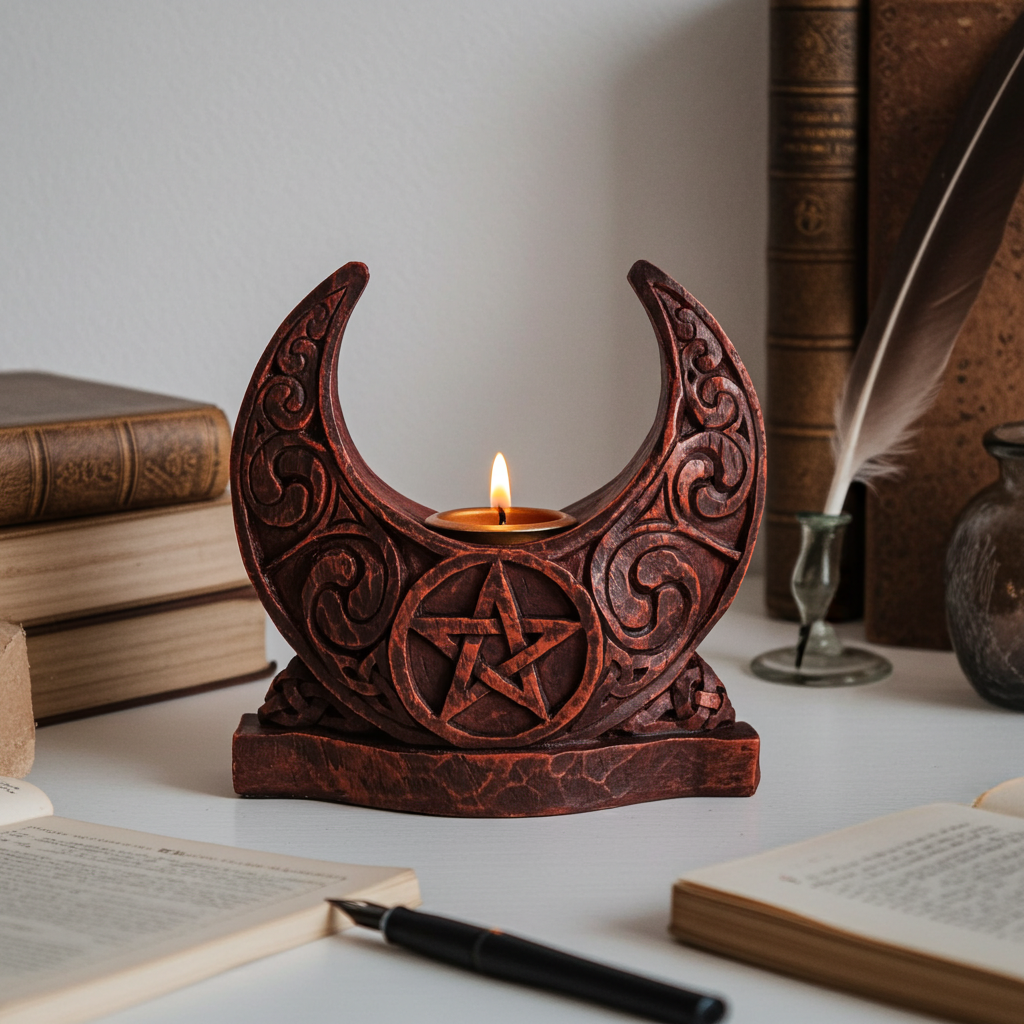 Altar Pentacle Moon candle holder for ritual candle placement, moon worship, and sacred space arrangement.