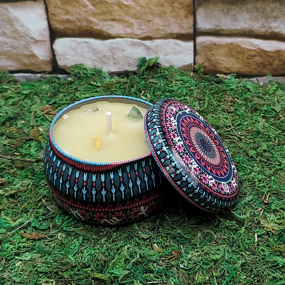 Altar tin candle with crystals for devotional practice, intention setting, and energy work.