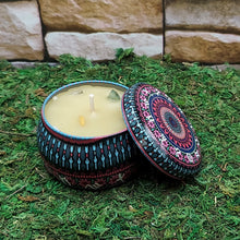 Altar tin candle with crystals for devotional practice, intention setting, and energy work.