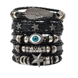 Alternative skull and star leather bracelet for statement fashion wear, layered wrist styling, and punk-inspired outfits.