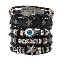 Alternative skull and star leather bracelet for statement fashion wear, layered wrist styling, and punk-inspired outfits.