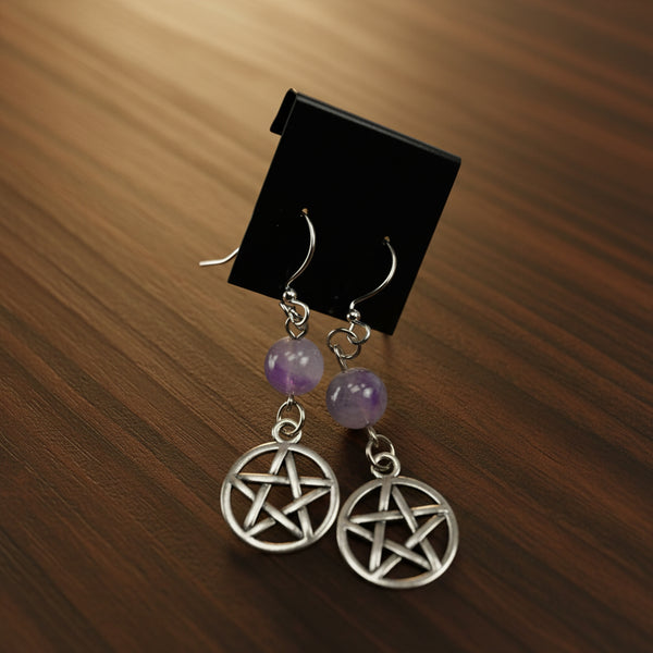 Amethyst Pentagram Earrings, hypoallergenic surgical steel hooks