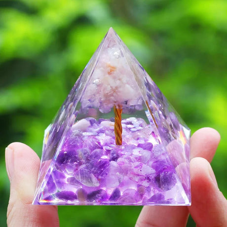 Amethyst & Peridot Orgone Energy Pyramid for meditation, energy healing, and home décor.