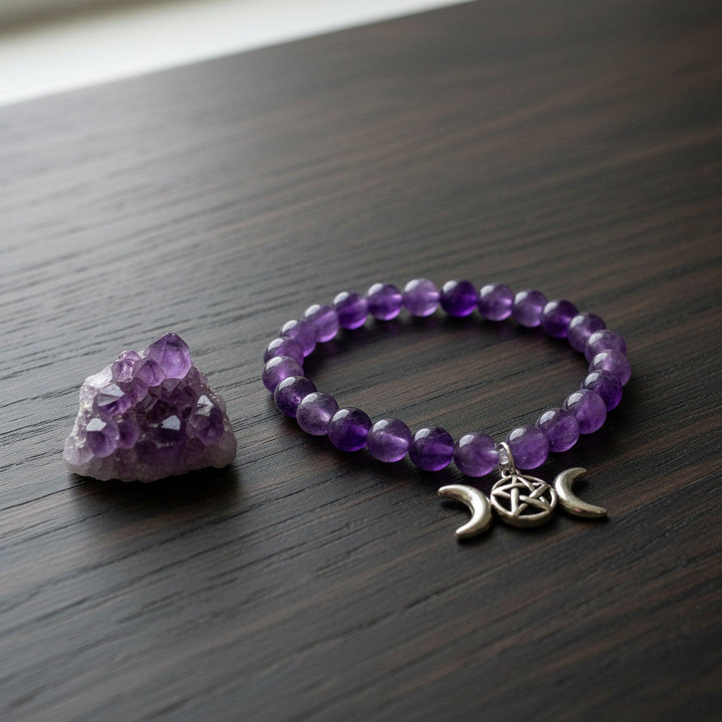Amethyst elastic bracelet with Pentacle and Triple Moon charm