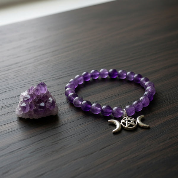 Amethyst elastic bracelet with Pentacle and Triple Moon charm