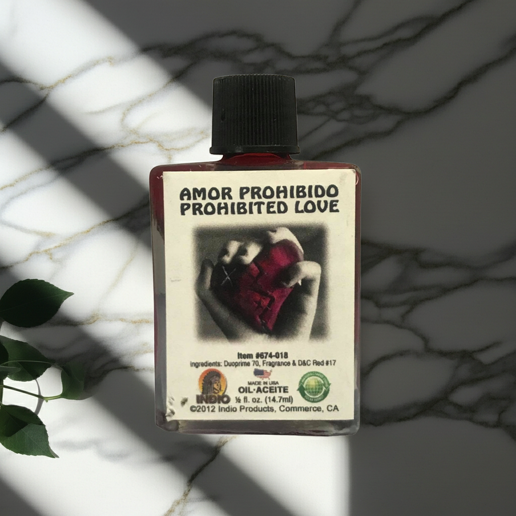 Amor Prohibido love wish ritual oil bottle for passion prayers, relationship intention work, and spiritual use.