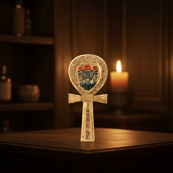 Ankh Hand Mirror, hand-painted composite resin, Egyptian Tutankhamun design