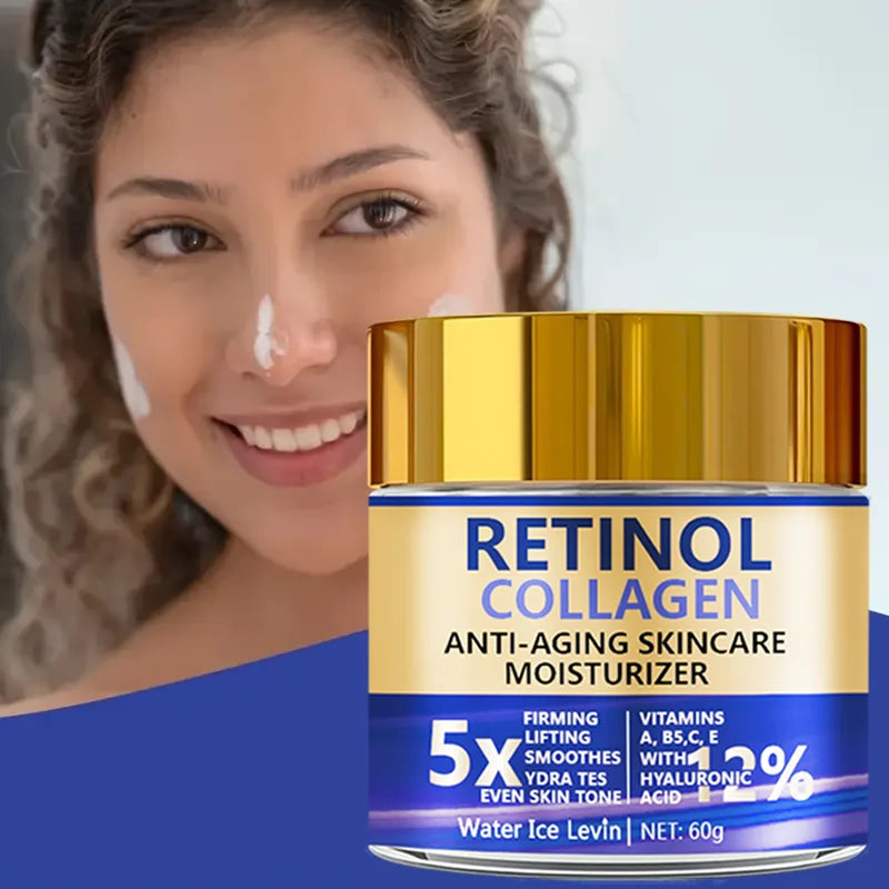 Anti-aging Retinol & Collagen face cream jar for firming facial skin, smoothing wrinkles, and everyday moisturizing.