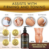Advertisement for anti-cellulite massage oil showing before and after effects on different body parts.