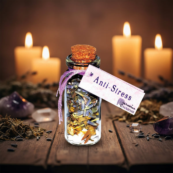 Anti Stress Pocket Spellbottle, sealed glass herb and stone blend