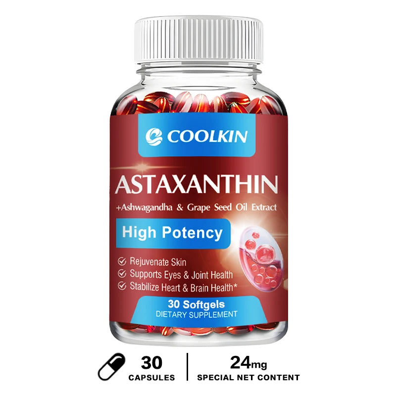 Antioxidant astaxanthin supplement softgels with coconut and grapeseed oil for daily wellness and nutritional support.