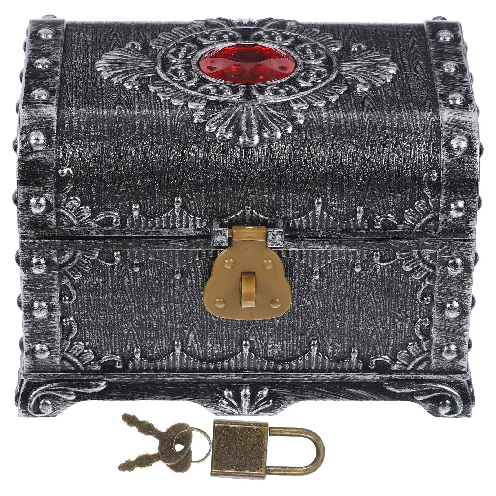 Antique look plastic treasure chest with lock for storing coins, accessories, and decorative keepsakes.